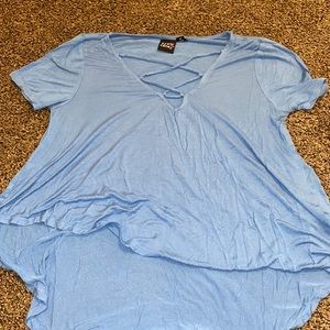 Light blue high low tshirt with crossover on neck line, Size M